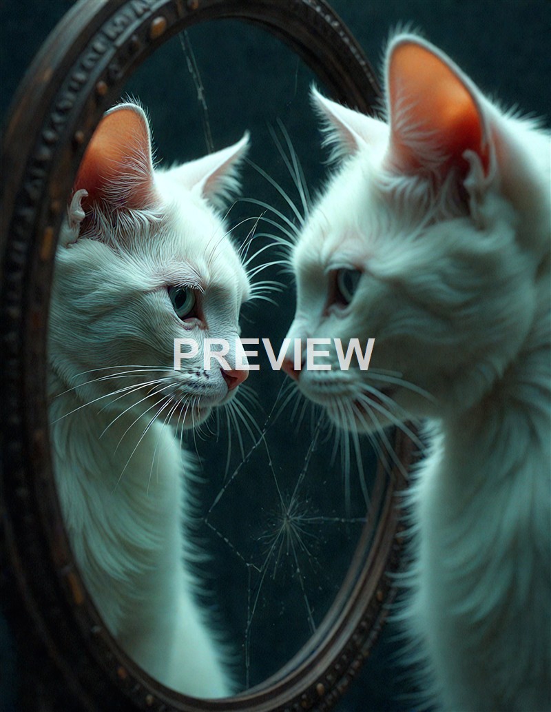 Two white cats with blue eyes are looking at their reflection in an oval mirror, with their faces close to each other and a spider web visible on the mirror's surface.